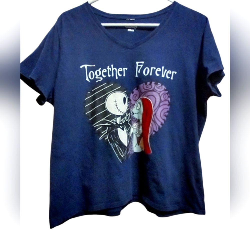 Disney Women's Blue Jack and Sally TOGETHER FOREVER Heart T-shirt XL